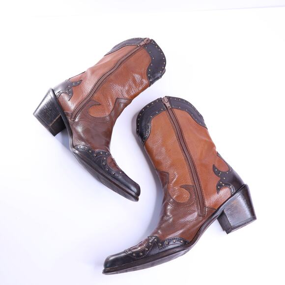 STUART WEITZMAN Leather Studded Cowgirl Boots Brown Mid-Calf Heeled Women's 6M - Picture 2 of 8